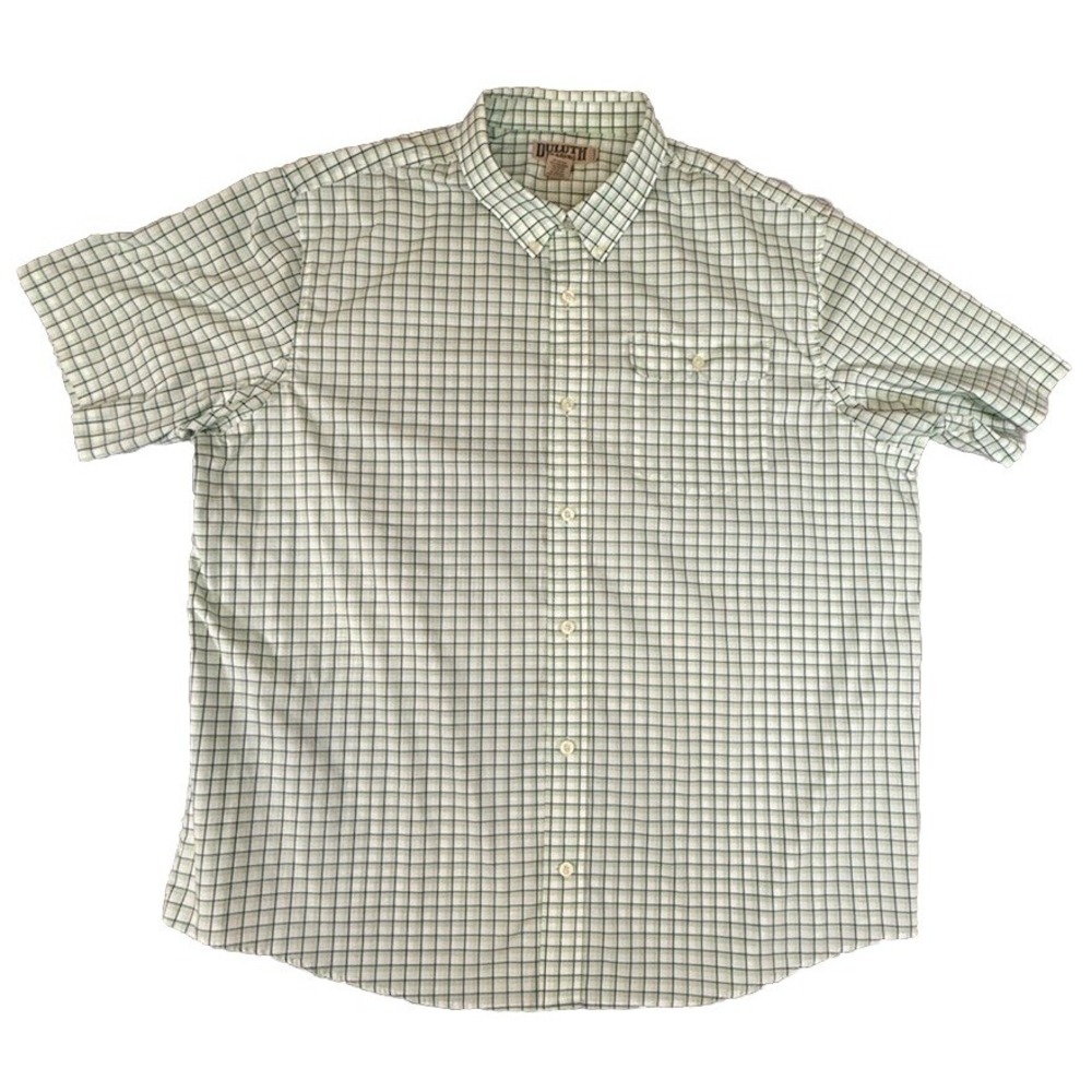 Duluth Trading Co. Mens Button Down 2XL White Green Plaid Short Sleeve Shirt